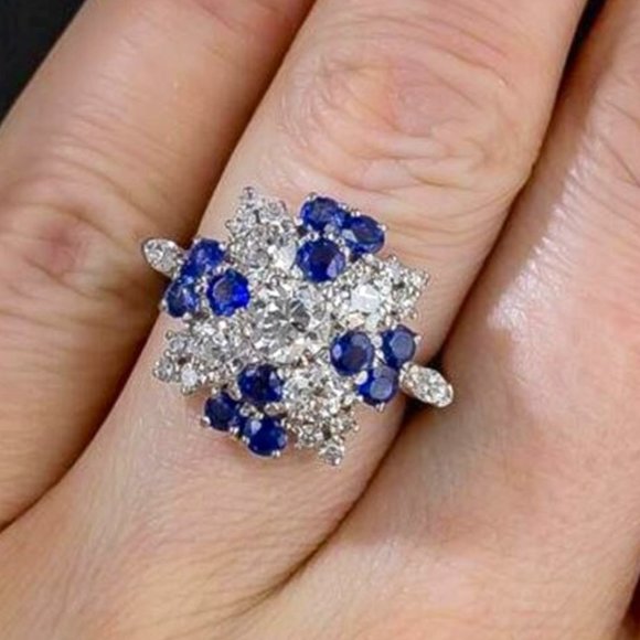 14k White Gold 💎Diamond Sapphire Starburst Dinner Ring, F288 - Picture 2 of 12